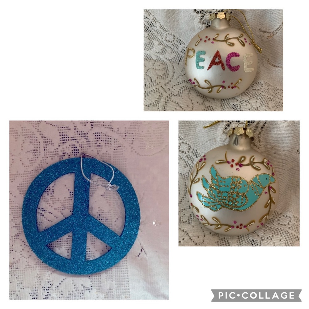 World Market Christmas ornaments peace sign & more
